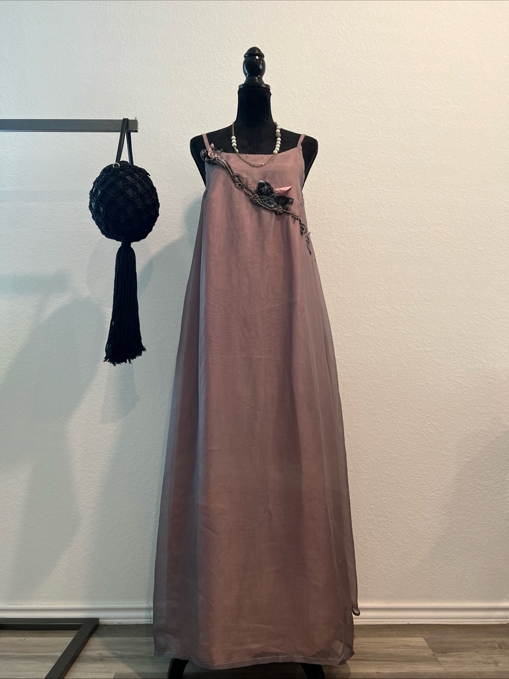 Elegant Mauve Evening Maxi Dress with Floral Detail
